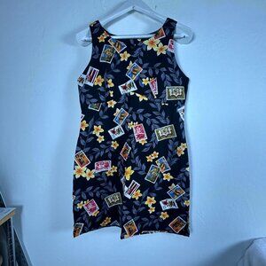 Island Aloha Wear Floral & Postage Stamp Print Sleeveless Dress Large Black